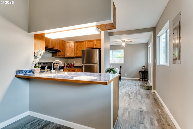 kitchen featuring stainless steel appliances, light hardwood / wood-style floors, sink, kitchen peninsula, and ceiling fan