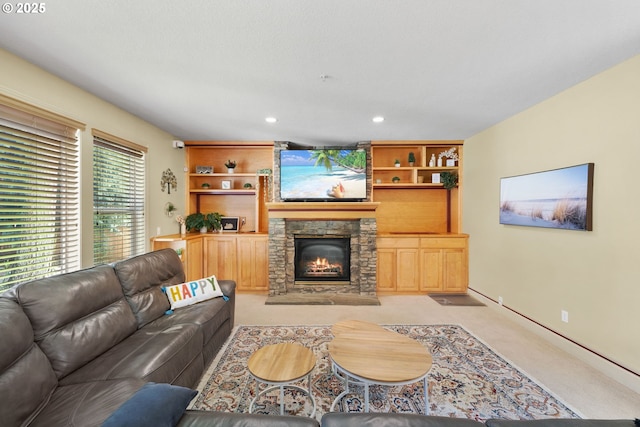 15111 Oyer Dr, Oregon City, OR 97045 - living room with light carpet, a stone fireplace, baseboards, recessed lighting, and built in features