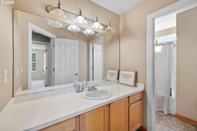 15111 Oyer Dr, Oregon City, OR 97045 - bathroom featuring vanity, baseboards, and shower / bathtub combination with curtain