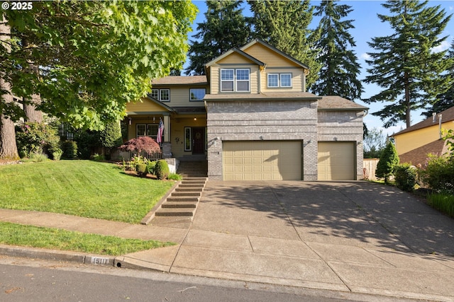 15111 Oyer Dr, Oregon City, OR 97045 - view of front facade featuring driveway, a front yard, brick siding, and a garage