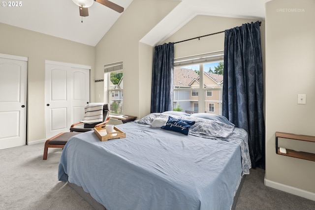 1902 NE 48th Way, Hillsboro, OR 97124 - carpeted bedroom featuring baseboards, a ceiling fan, and high vaulted ceiling