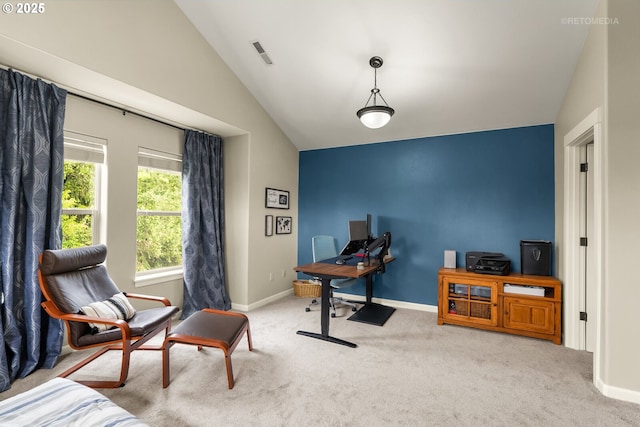1902 NE 48th Way, Hillsboro, OR 97124 - living area featuring a desk, lofted ceiling, carpet floors, and baseboards