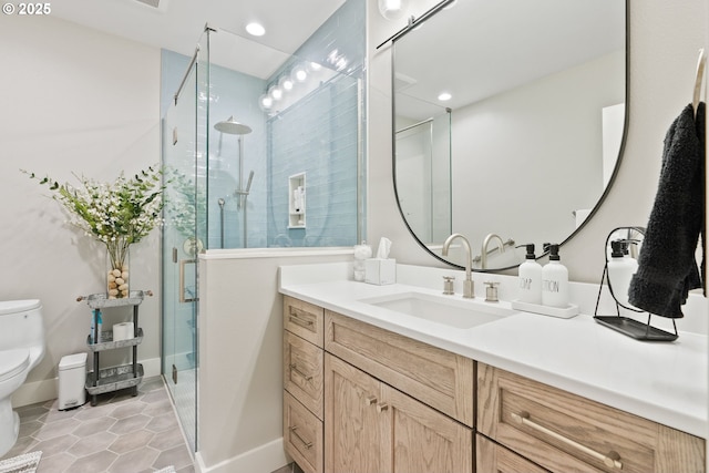 full bath with vanity, tile patterned flooring, recessed lighting, toilet, and a shower stall