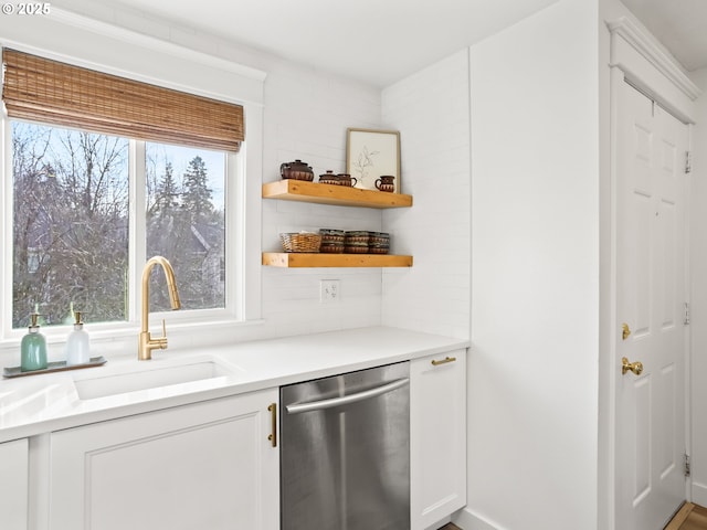 kitchen featuring white cabinetry, sink, tasteful backsplash, and stainless steel dishwasher