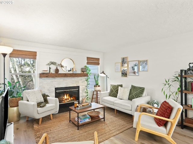 living room with a fireplace and light hardwood / wood-style floors