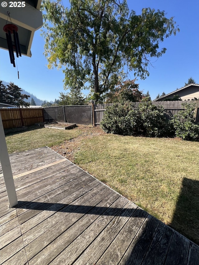 view of yard featuring a deck and a fenced backyard