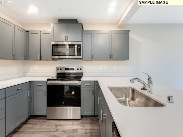 kitchen featuring hardwood / wood-style flooring, appliances with stainless steel finishes, sink, and gray cabinetry