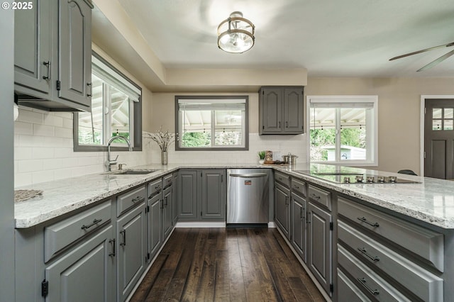 20256 S Swank Rd, Colton, OR 97017 - kitchen featuring gray cabinetry, stainless steel dishwasher, dark wood-style flooring, and a sink