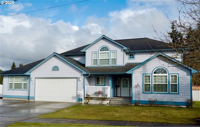 traditional-style house featuring a porch, an attached garage, a shingled roof, driveway, and a front yard