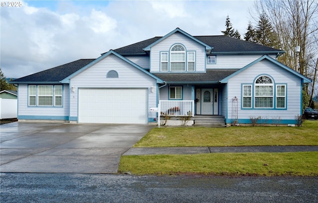 traditional-style house with a shingled roof, covered porch, a garage, driveway, and a front lawn