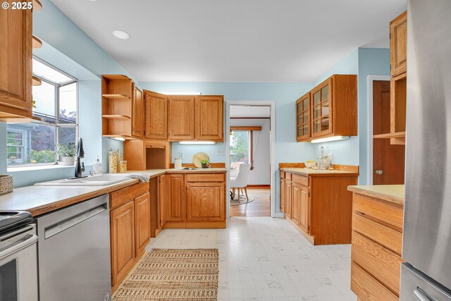 kitchen with appliances with stainless steel finishes, a sink, open shelves, and plenty of natural light