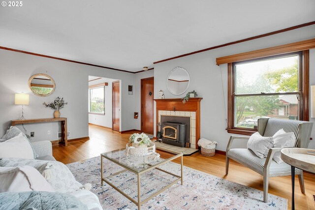 living room featuring ornamental molding, wood finished floors, and baseboards