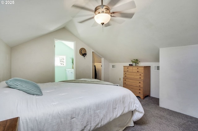 318 Koons St, Silverton, OR 97381 - carpeted bedroom featuring a ceiling fan, lofted ceiling, and ensuite bath