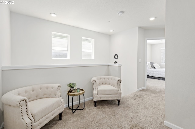 sitting room featuring light carpet