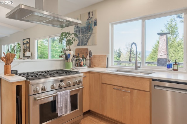 kitchen with extractor fan, appliances with stainless steel finishes, a sink, and light wood finished floors