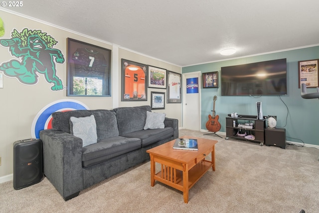 carpeted living area featuring crown molding and baseboards