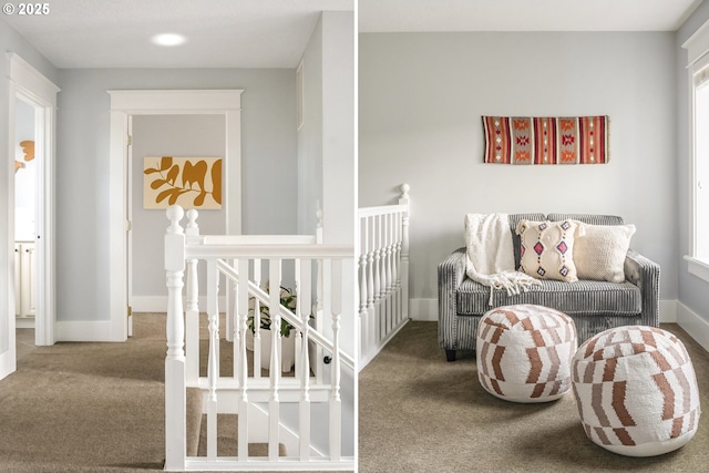 interior space with carpet, baseboards, and an upstairs landing