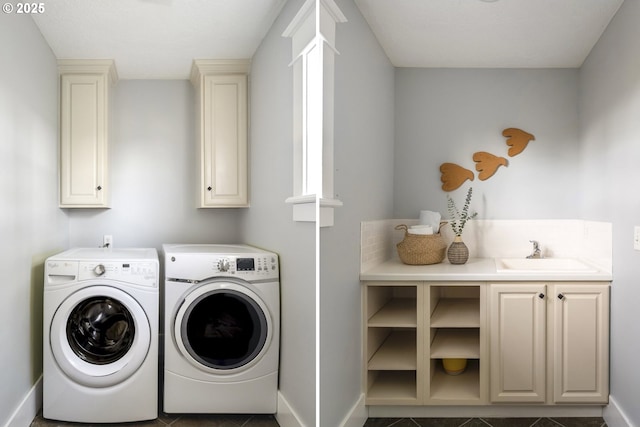 laundry room featuring washing machine and clothes dryer, cabinet space, a sink, dark tile patterned flooring, and baseboards