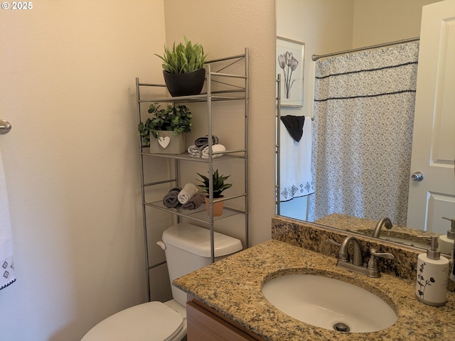 3159 SW Jaden Dr, Beaverton, OR 97003 - bathroom featuring toilet, vanity, a shower with shower curtain, and a textured wall