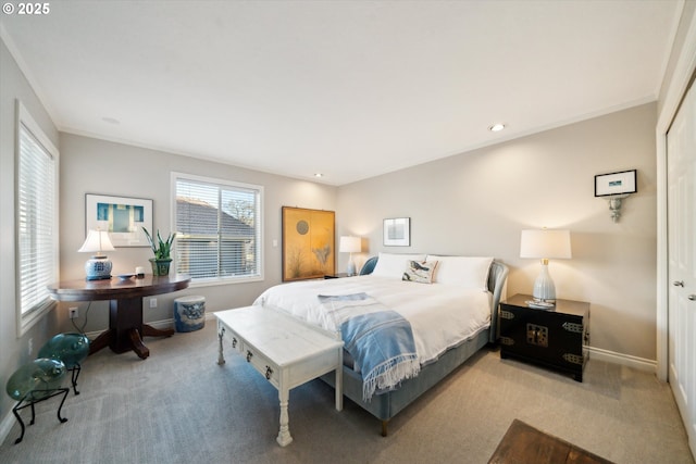 carpeted bedroom featuring recessed lighting, baseboards, and ornamental molding