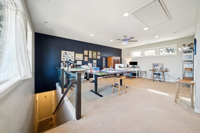 carpeted office featuring recessed lighting, ceiling fan, and baseboards