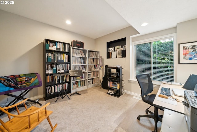 office space featuring carpet floors, recessed lighting, and baseboards