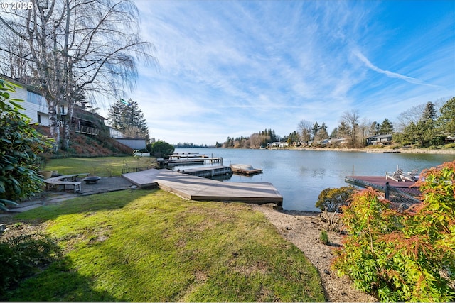 view of dock featuring a yard and a water view