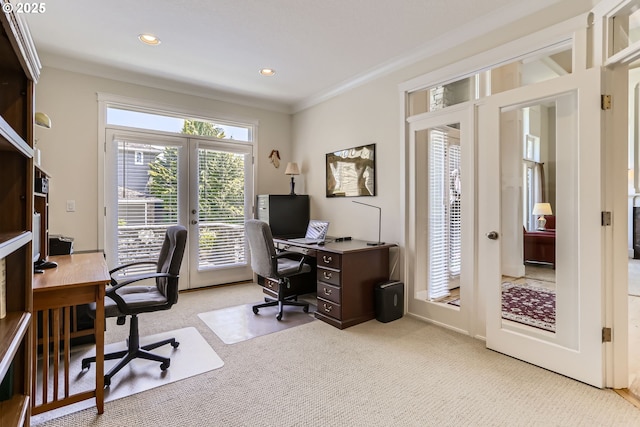 31235 SW Willamette Way, Wilsonville, OR 97070 - office area with french doors, carpet floors, ornamental molding, and recessed lighting