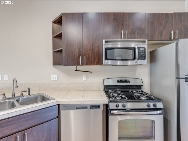 10442 SW Akilean Ter, Portland, OR 97223 - kitchen featuring stainless steel appliances, dark brown cabinetry, a sink, open shelves, and tile counters