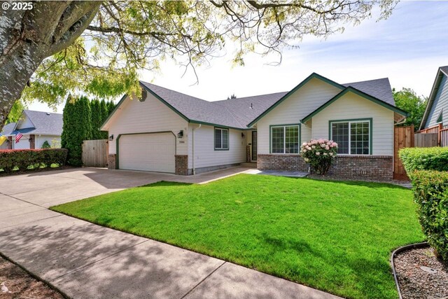 ranch-style house featuring brick siding, an attached garage, and concrete driveway