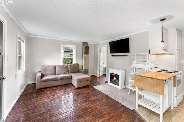 living room featuring crown molding, a textured ceiling, a warm lit fireplace, and hardwood / wood-style flooring