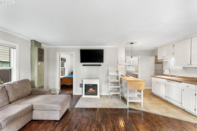 living area with wood-type flooring, a textured ceiling, baseboards, and crown molding