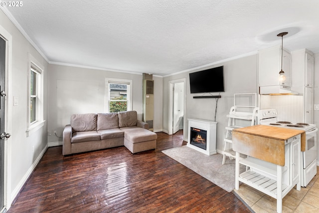 living room featuring crown molding, a warm lit fireplace, a textured ceiling, hardwood / wood-style floors, and baseboards