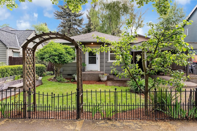 view of front of home with fence, a shingled roof, a front lawn, and crawl space