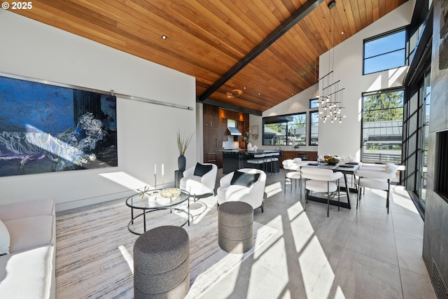 living area featuring wooden ceiling and high vaulted ceiling