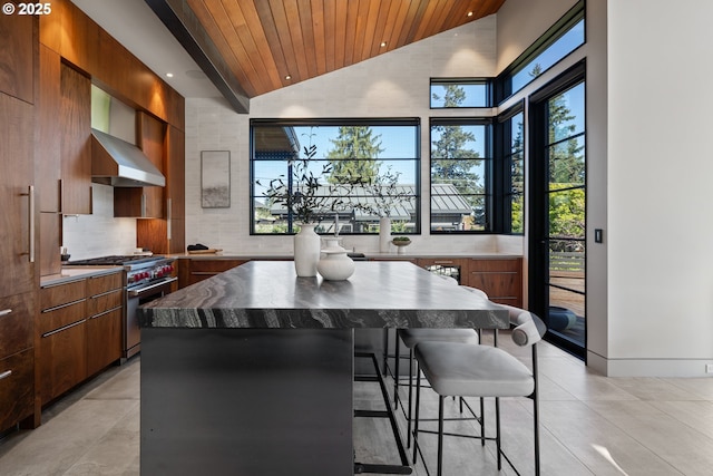 kitchen featuring tasteful backsplash, wood ceiling, modern cabinets, and high end range