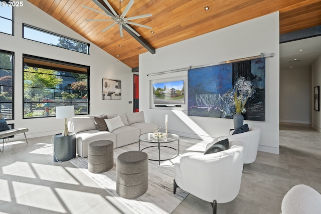 living room featuring baseboards, ceiling fan, wooden ceiling, and high vaulted ceiling