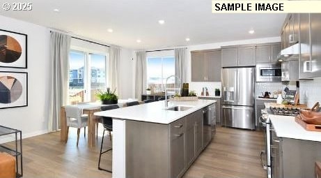 kitchen with gray cabinets, a breakfast bar area, a center island with sink, appliances with stainless steel finishes, and sink