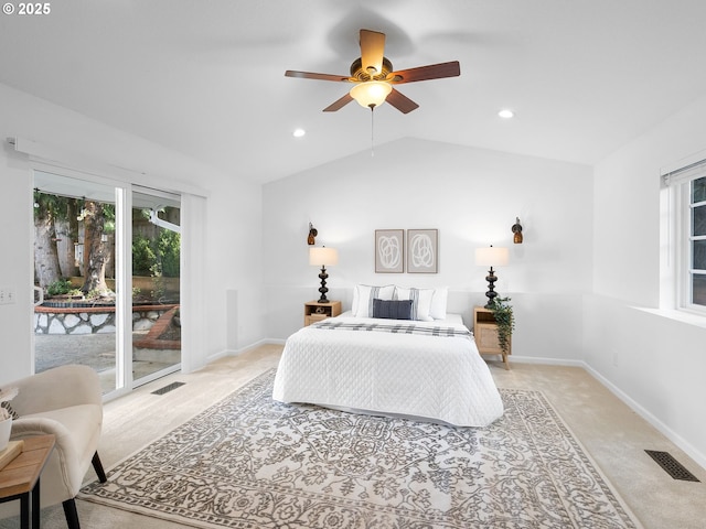 8920 SW 9th Dr, Portland, OR 97219 - bedroom with access to exterior, light carpet, vaulted ceiling, baseboards, and recessed lighting