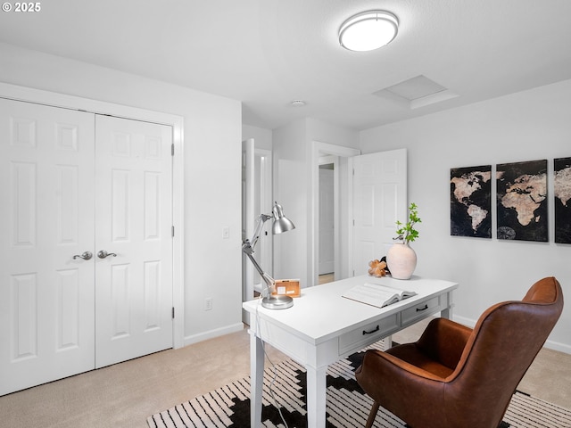 8920 SW 9th Dr, Portland, OR 97219 - office area featuring attic access, light carpet, and baseboards
