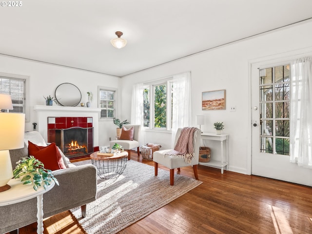 living area featuring a fireplace and dark hardwood / wood-style flooring