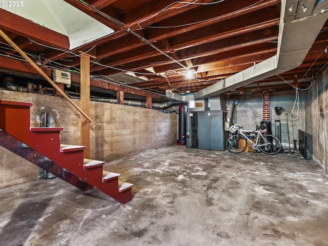 basement featuring heating unit