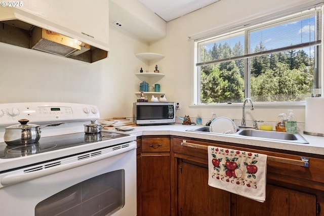 7291 Rice Valley Rd, Oakland, OR 97462 - kitchen featuring electric stove, stainless steel microwave, under cabinet range hood, and light countertops