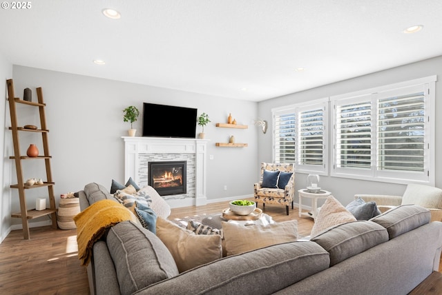 living room with wood-type flooring and a fireplace