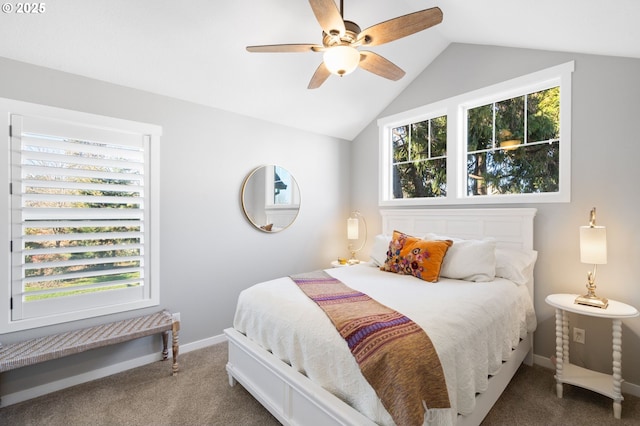 bedroom featuring ceiling fan, carpet floors, and vaulted ceiling