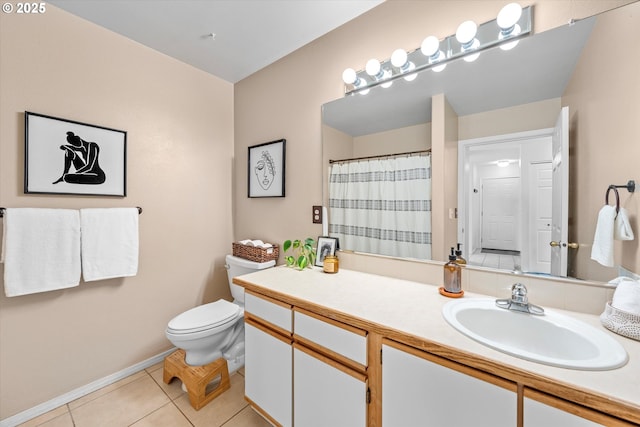4728 W Powell Blvd Unit 231, Gresham, OR 97030 - bathroom with tile patterned flooring, toilet, vanity, baseboards, and a shower with curtain