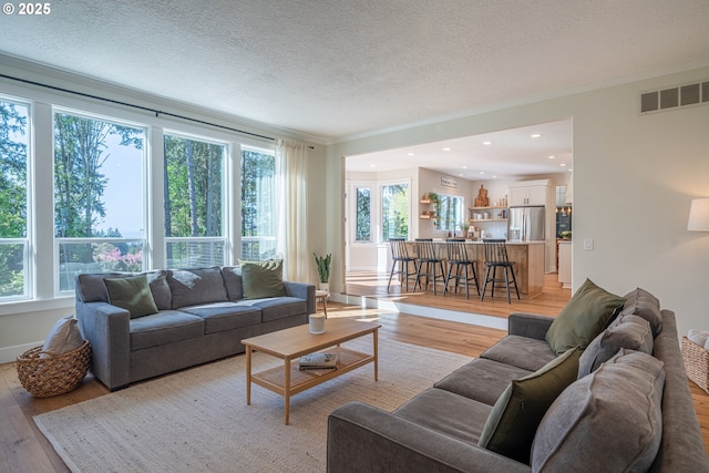 8751 SW 194th Pl, Beaverton, OR 97007 - living area with light wood-type flooring, plenty of natural light, ornamental molding, a textured ceiling, and recessed lighting