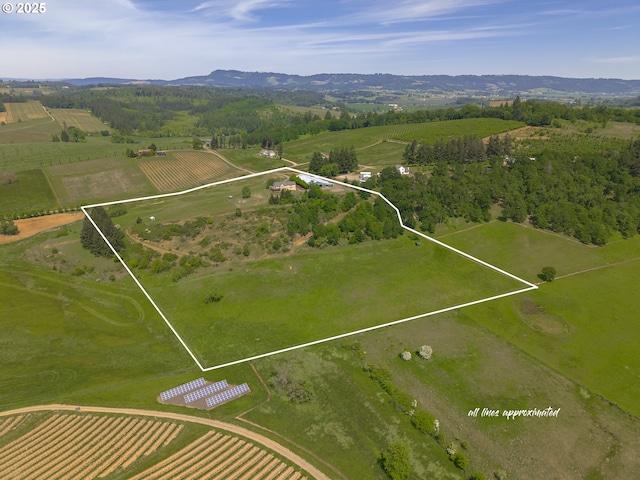 aerial view of sparsely populated area featuring property boundaries highlighted, rows of crops, and a mountainous background