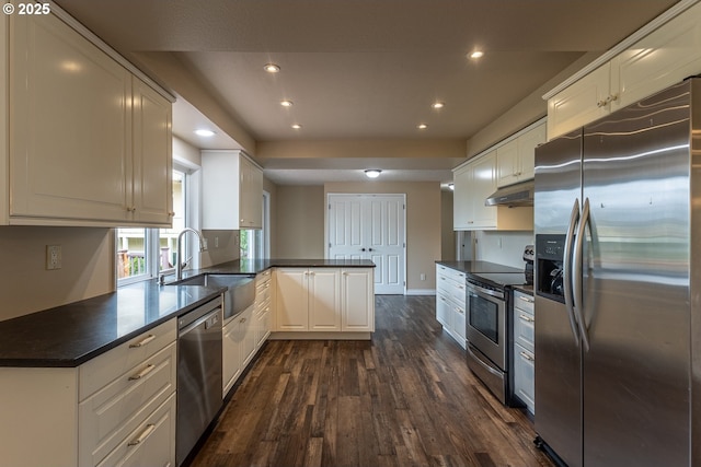 3026 NW Norwood St, Camas, WA 98607 - kitchen with appliances with stainless steel finishes, under cabinet range hood, a peninsula, dark wood-style flooring, and a sink