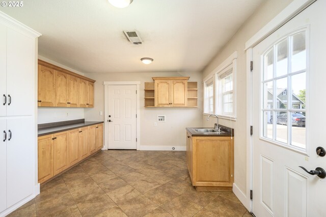 50 W Taylor St, Carlton, OR 97111 - kitchen featuring a sink, open shelves, dark countertops, and baseboards